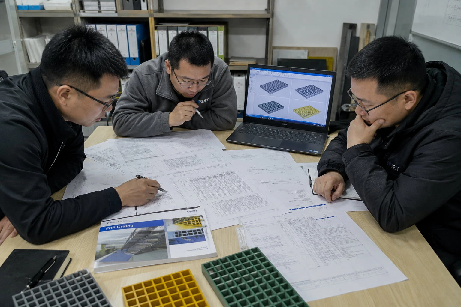 Engineers comparing multiple FRP grating quotations and technical specifications during supplier evaluation Engineers comparing multiple FRP grating quotations and technical specifications during supplier evaluation